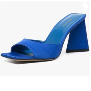 Wansseny Blue Chic Chunky High Heel Slip on Mules Open Square Toe Sandals